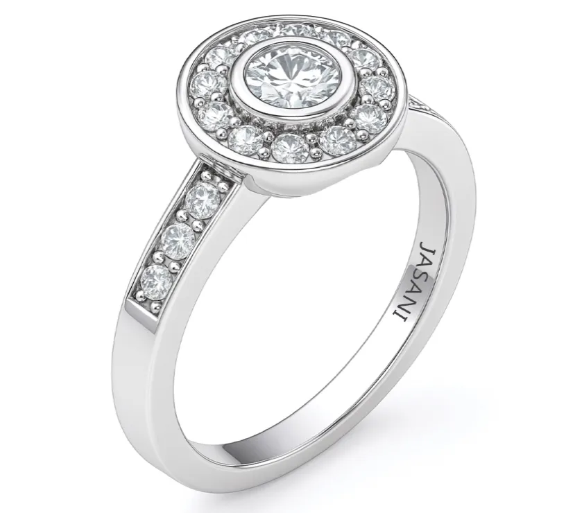 Jasani 18ct White Gold Round Halo Diamond Center Bezel Ring