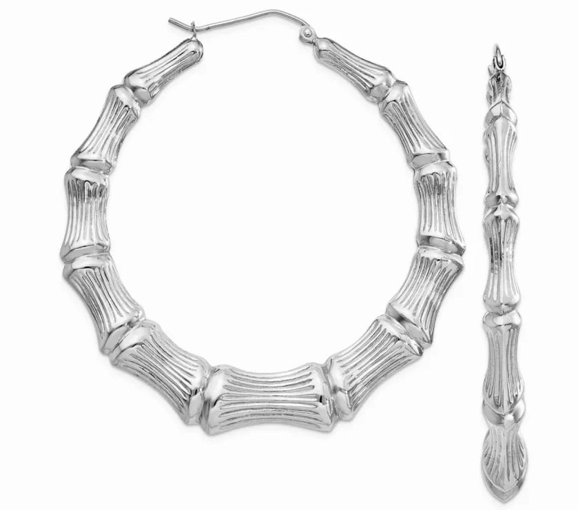 MRJ Large 14k White Gold Bamboo Hoop Earrings Textured