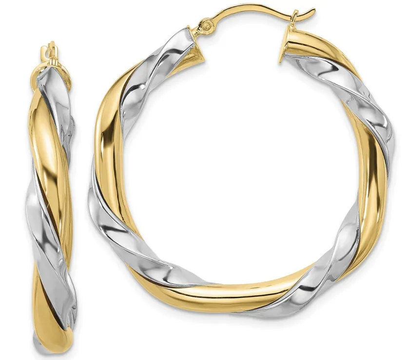 Twisted Polished 14k Two-Tone Gold Puffed Hoop Earrings