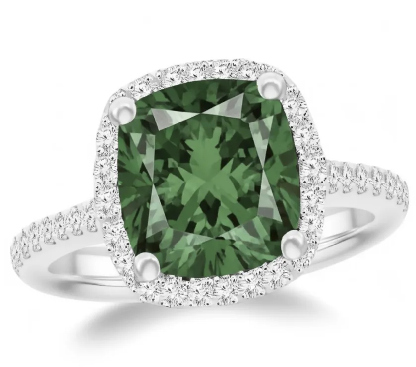 Halo Cushion Cut Green Tourmaline and Diamond Engagement