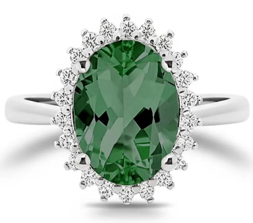 Halo Oval Green Tourmaline & Diamond Engagement Ring