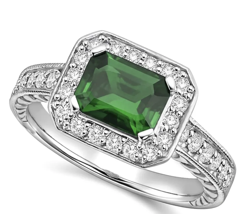 Halo East-West Green Tourmaline & Diamond Engagement Ring Vintage