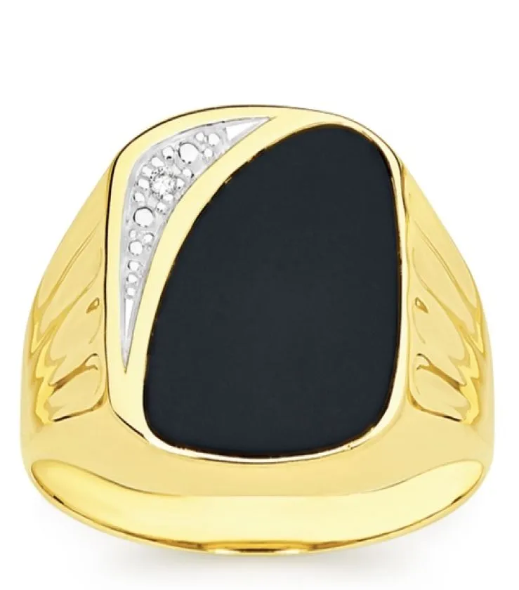 9CT GOLD DIAMOND & BLACK AGATE GENTS RING