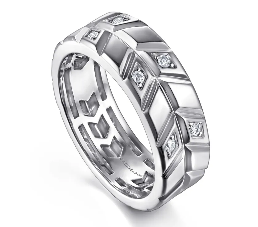 14K White Gold Faceted Diamond Large Band Fashion Men's