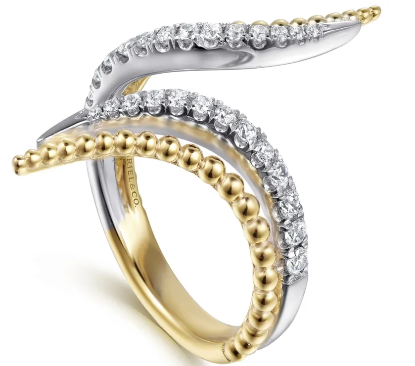 Bujukan Punk 14K White Yellow Gold Diamond Double Row Bypass Ring