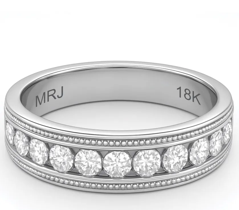 Diamond Eleven-Stone Channel Wedding Milgrain 18K WG Band Ring 7.5MM