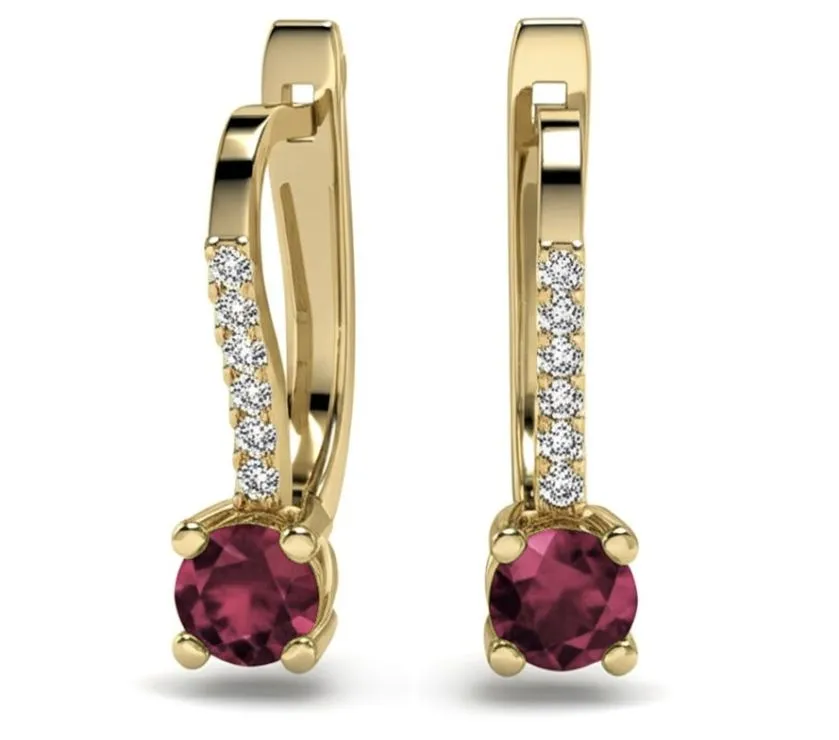 MRJ Dainty Red Ruby & Diamond Hoop Drop Earrings 14k Yellow Gold