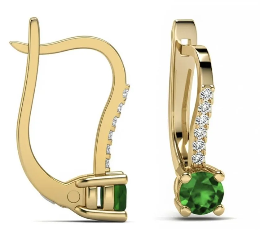 MRJ Dainty Emeralds & Diamond Hoop Drop Earrings 18k Yellow Gold