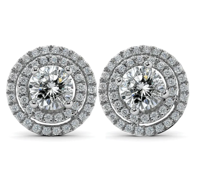 Round Brilliant Cut Diamond Double-Halo Earring in White Gold