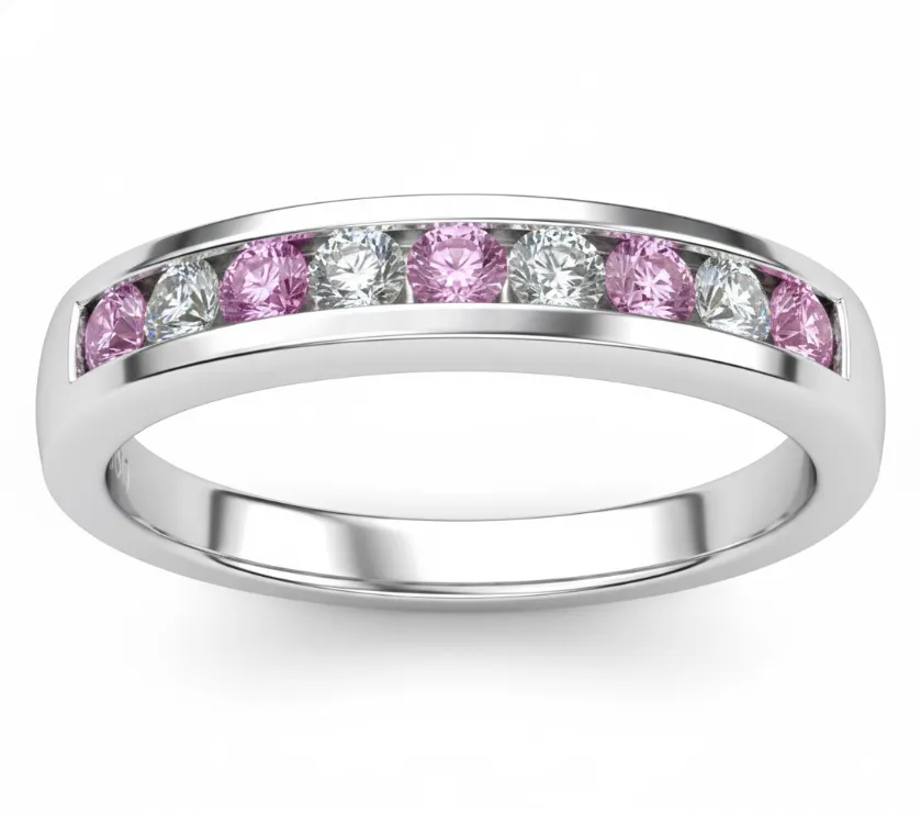 Channel Set Pink Sapphire & Diamond Wedding Band White Gold