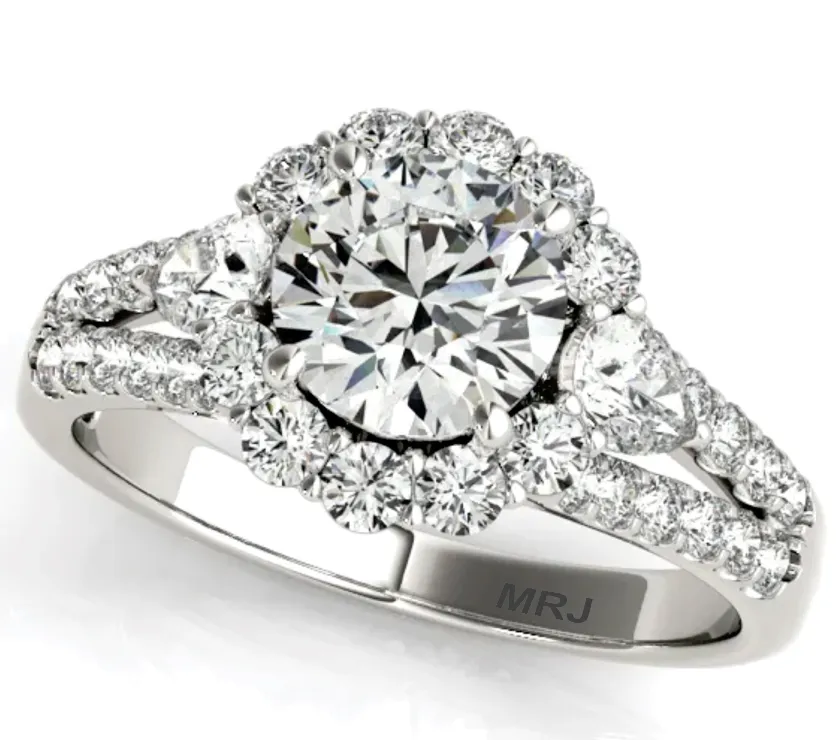 MRJ 14K White Round Dimaond Shank Split Halo Engagement Ring