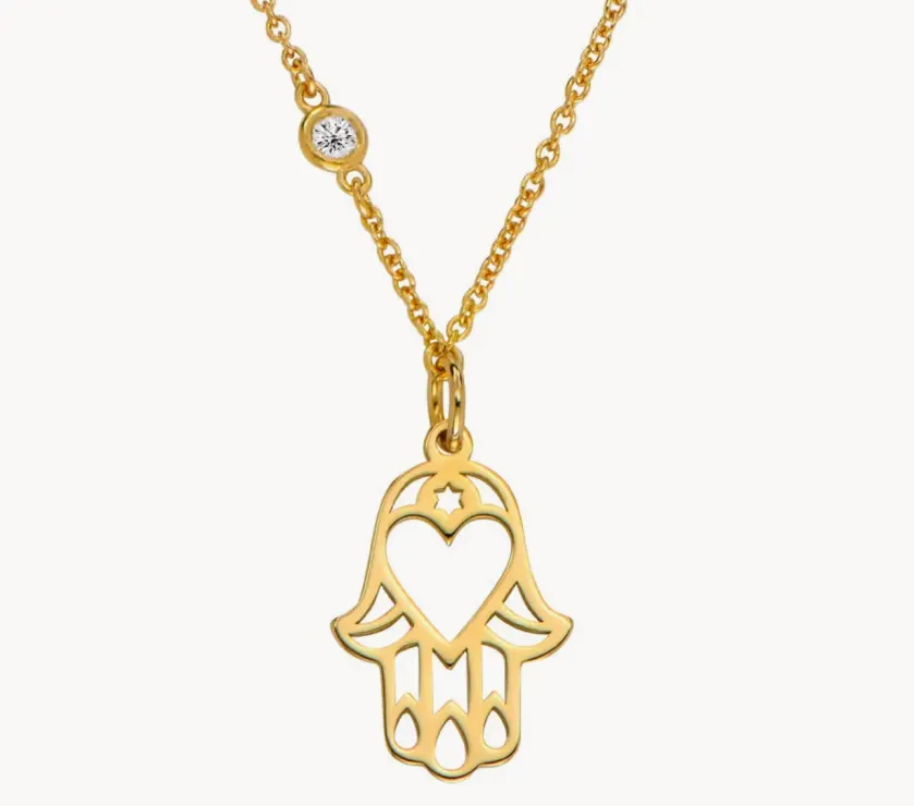 Cut Out Hamsa Necklace with Diamond in 14K Yellow Gold